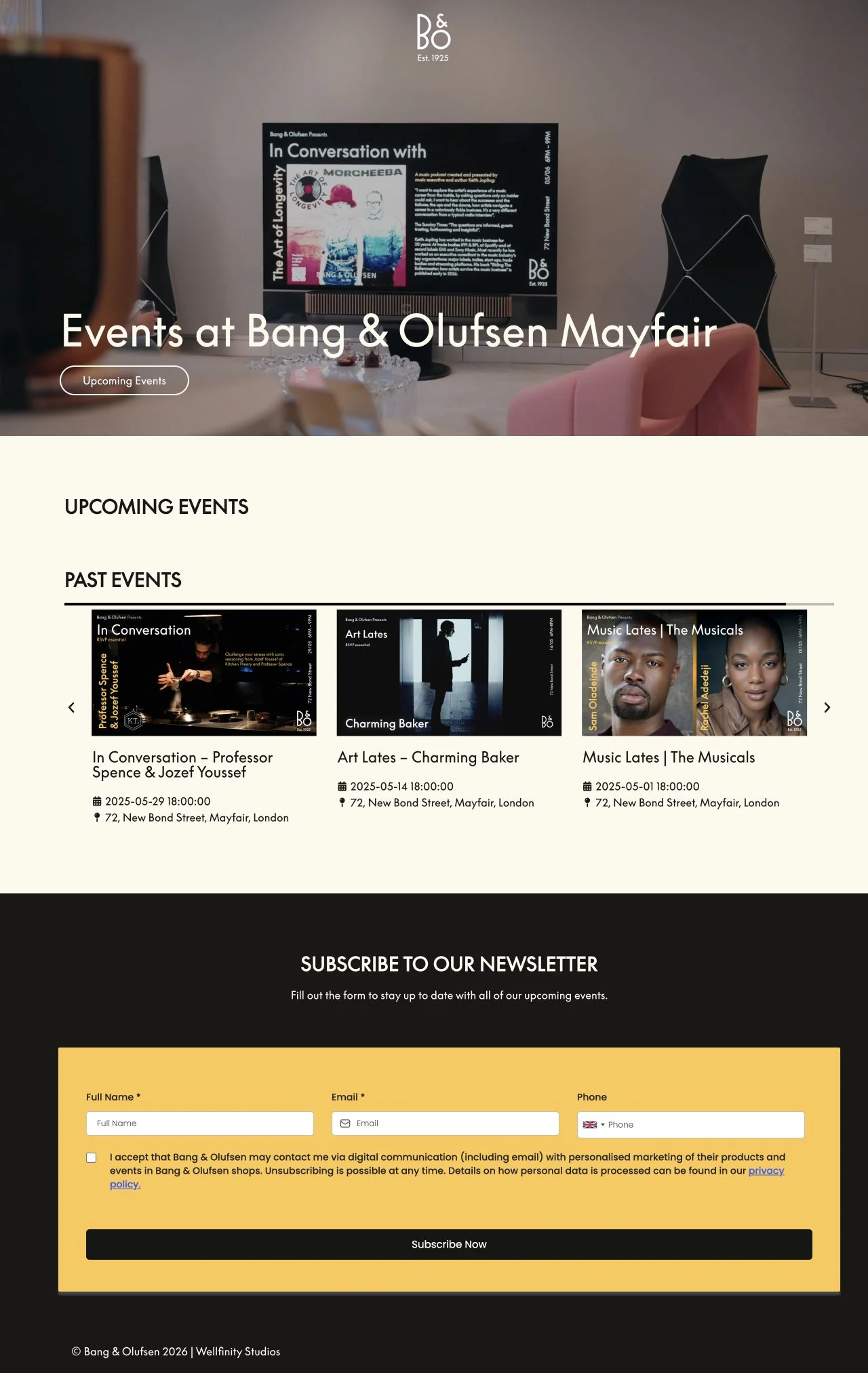 Bang and Olufsen Events website, designed and built by Wellfinity Studios